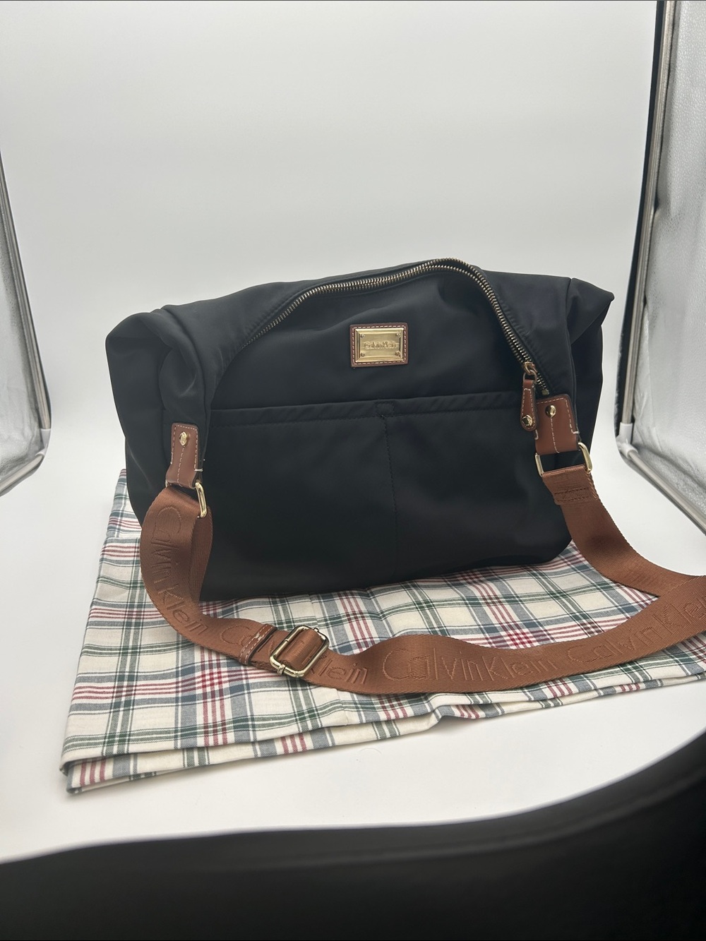 Calvin Klein Black Nylon Messenger Bag with Brown Strap
